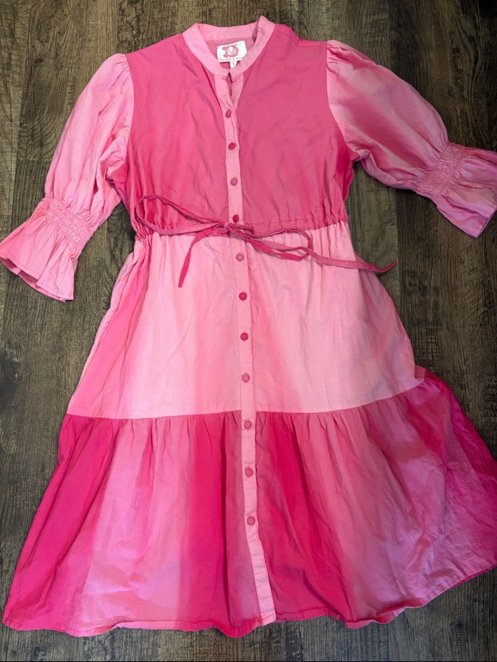 Victoria Dunn Pink Ombre Button-Front Shirt Dress Midi Dress Waist Tie Cotton